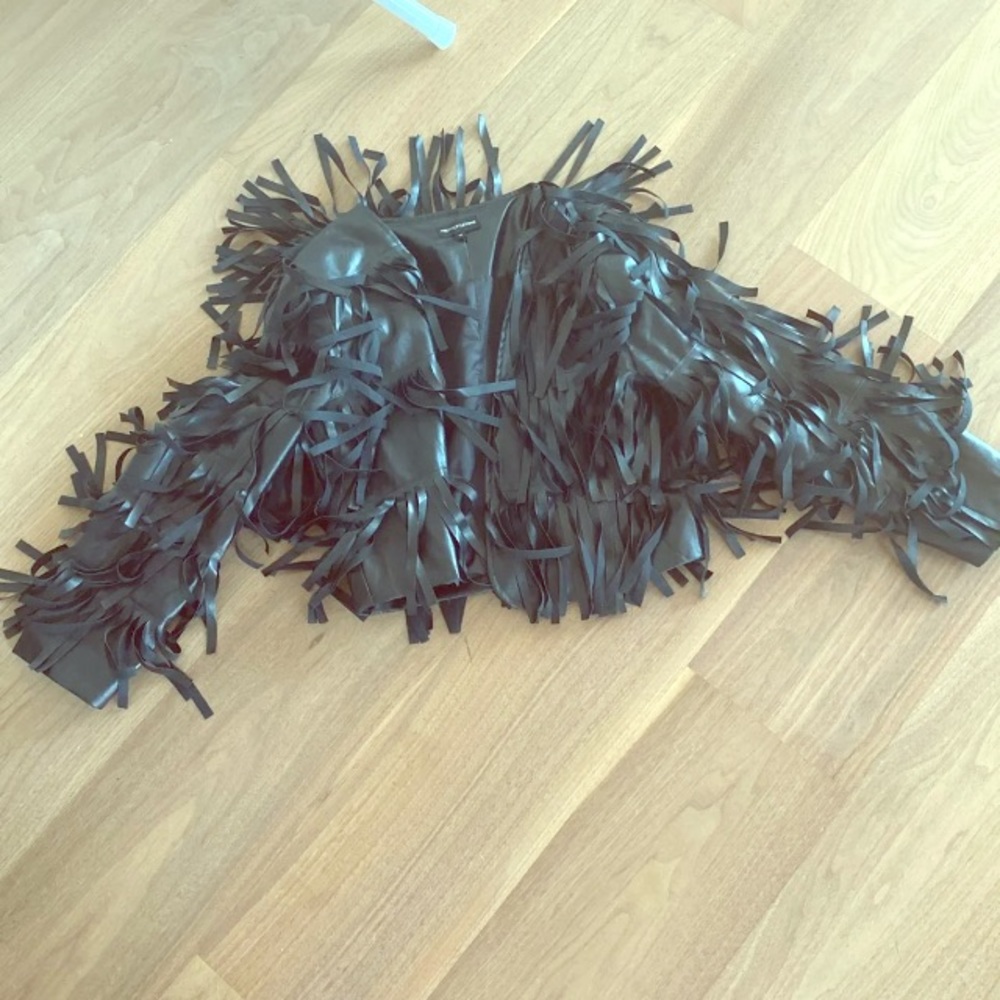 Black leather fringe crop jacket